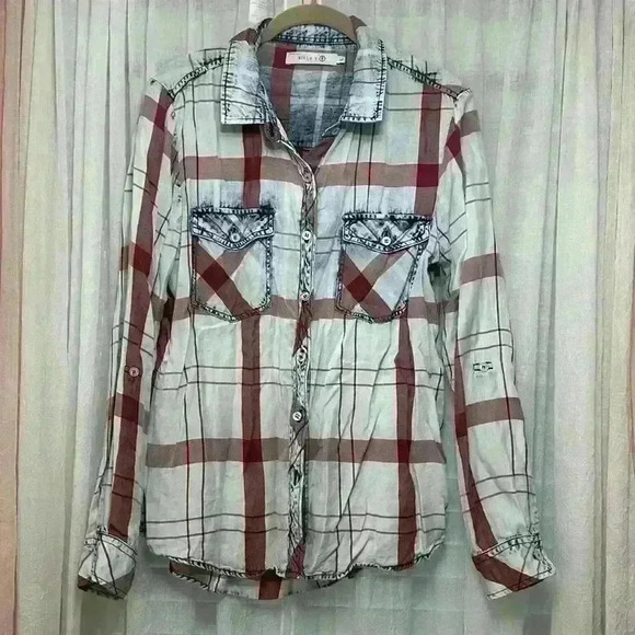 Billy T large Ltweight red white blue plaid w/roll tab sleeves item# 18 - Picture 1 of 8